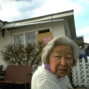An elderly woman looking back