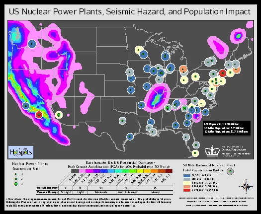 US nuclear power plants, seismic hazard, and population impact map