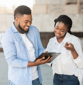 A man and a woman taking a survey.