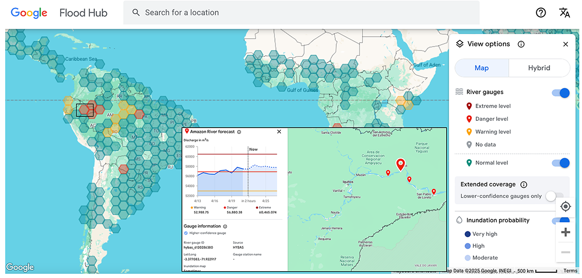 Google Flood Hub with a zoomed-in visualization of danger level flooding in the Peruvian Amazon River on April 22, 2025. (Google Flood Hub, 2025)